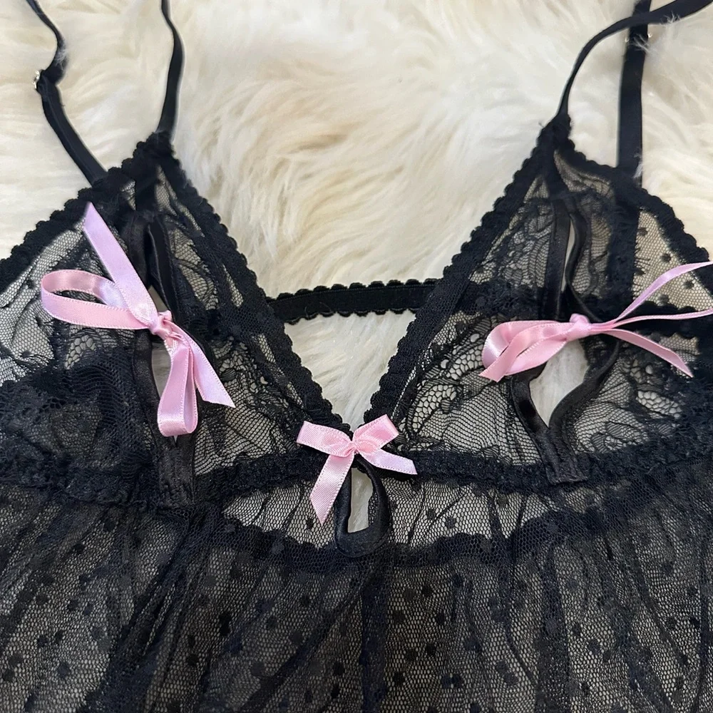 Victoria's Secret Black Lace Chemise with Pink Bows